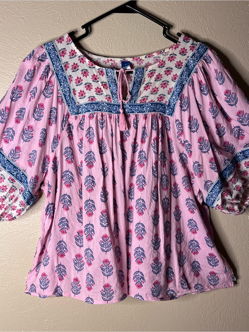Pink Floral Peasant Blouse with Blue Trim